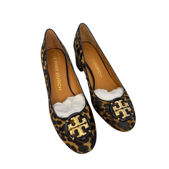 Tory Burch 55mm Multi Logo Leopard Pumps Brown Calf Hair Block Heel Size 8 - Picture 2 of 8